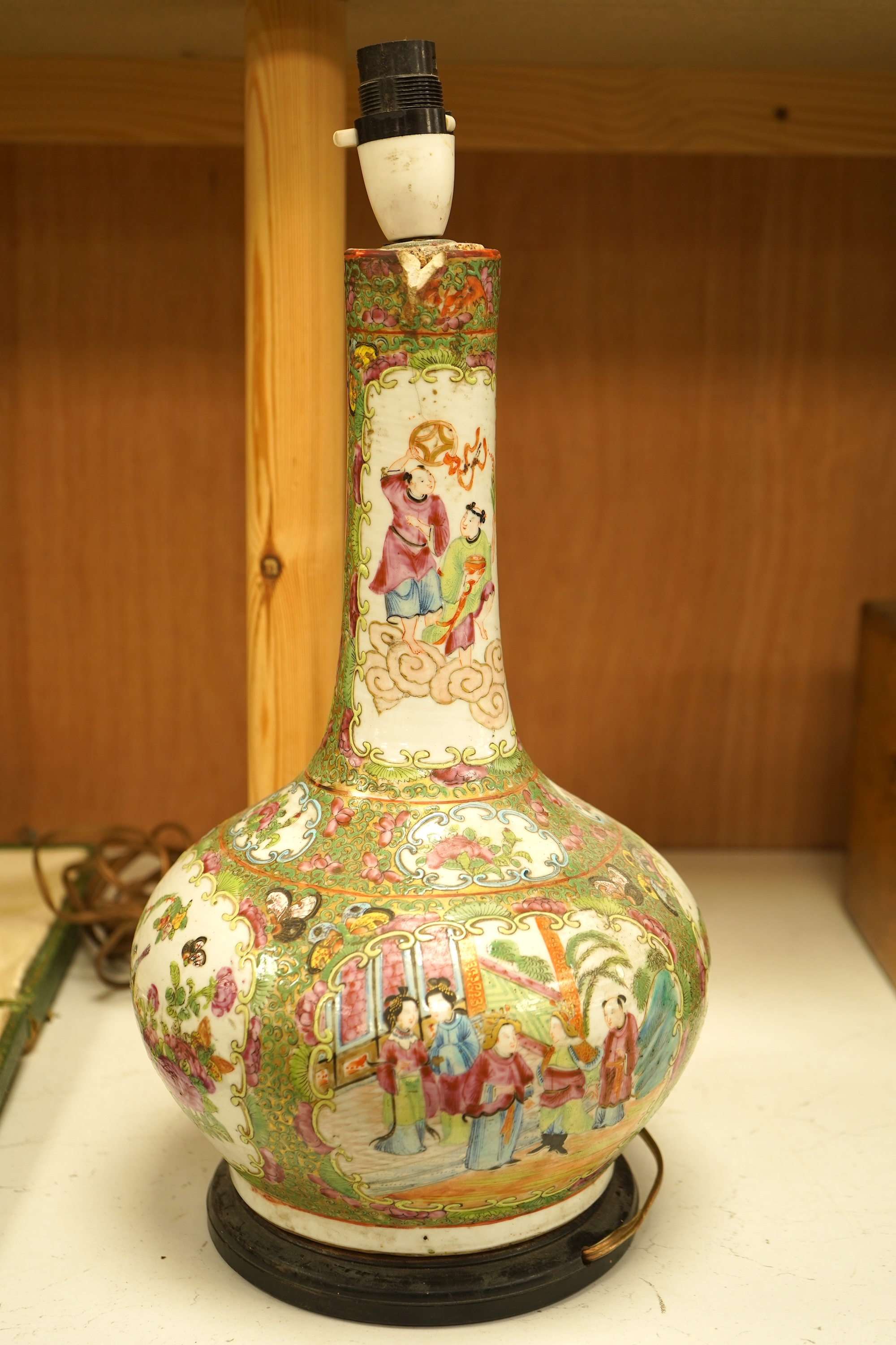 A Chinese famille rose bottle vase, now converted to a lamp, 43cm high overall